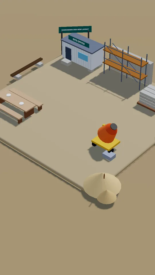 Rumuosi New Layout in 3D: the site office, scaffolding, blocks and a cement mixer