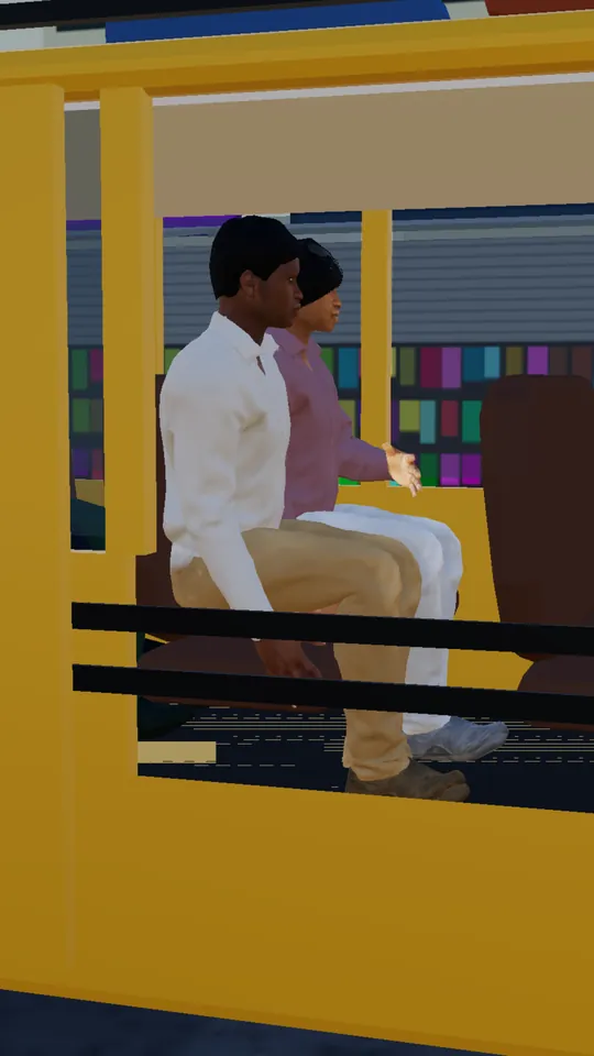 Inside a danfo bus with Sims on the benches