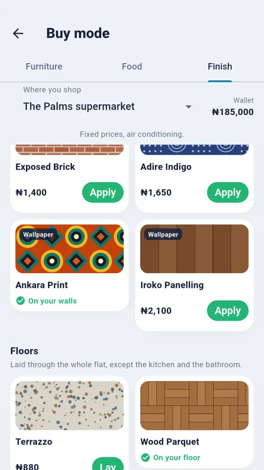 Buy mode with Ankara print and Adire indigo wallpapers and terrazzo and wood parquet floors