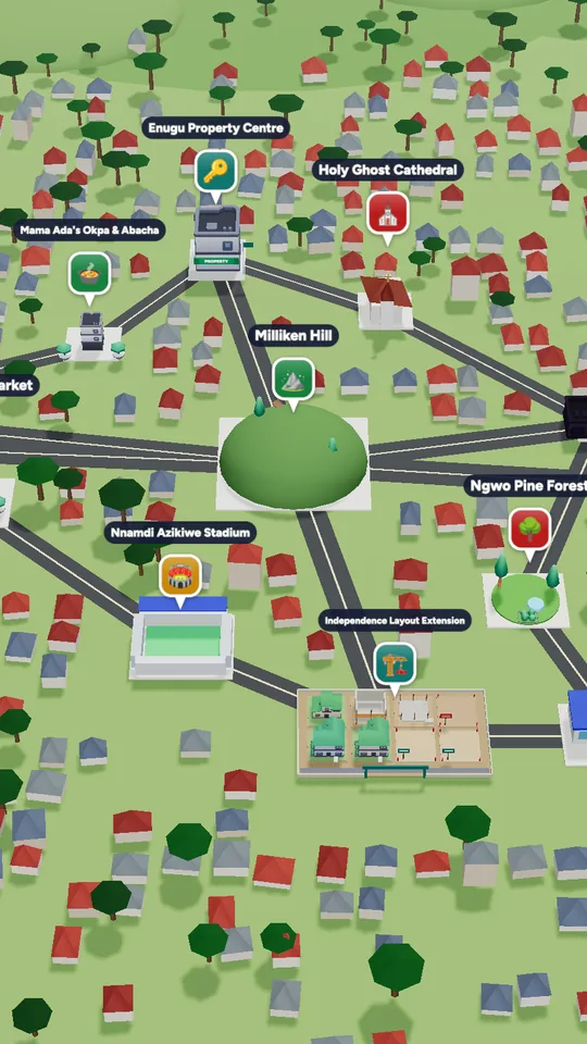 The 3D map of Enugu in Naija Life with Milliken Hill in the middle
