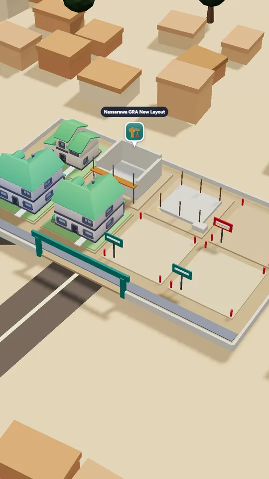 A new layout of plots in 3D: houses finished, walls going up, a slab with rebar and plots for sale