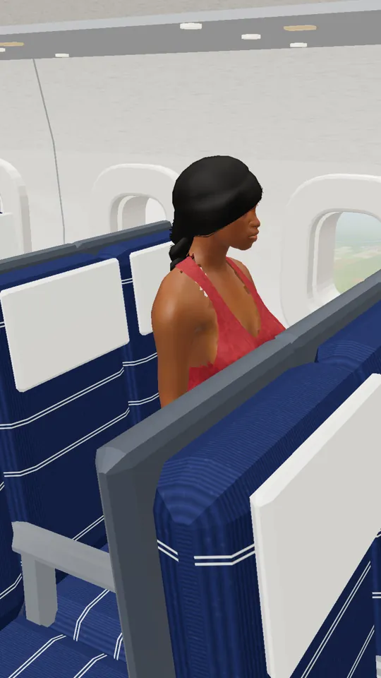 A Sim seated by the window inside a plane cabin