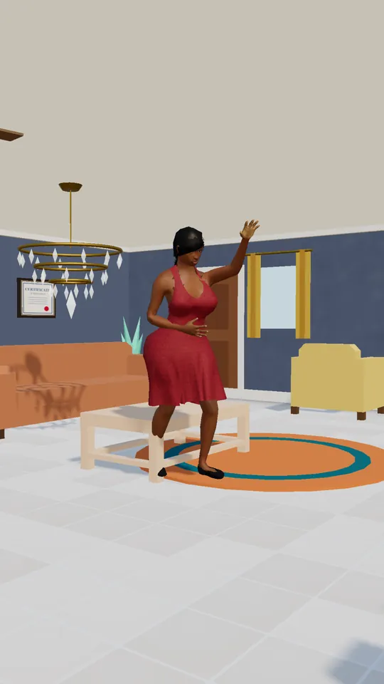 A Sim in a bright, furnished living room with a sofa, armchairs and a chandelier