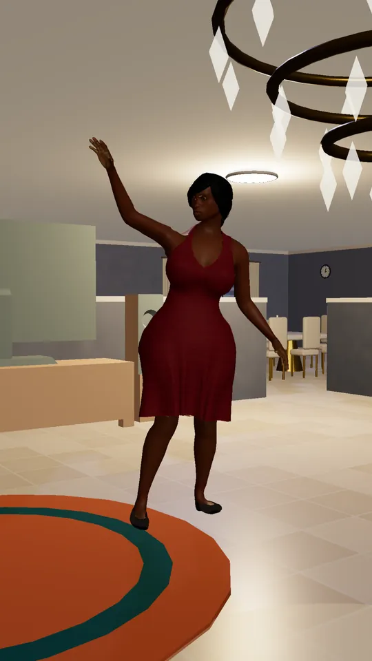 A Sim waving in a lamp-lit living room at night, under a chandelier
