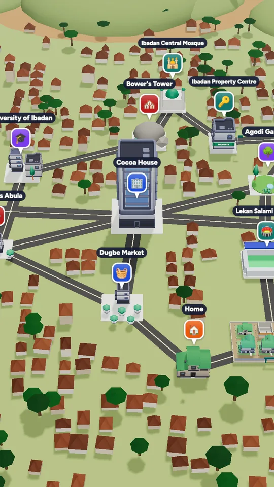 The 3D map of Ibadan in Naija Life with Cocoa House and Bower’s Tower