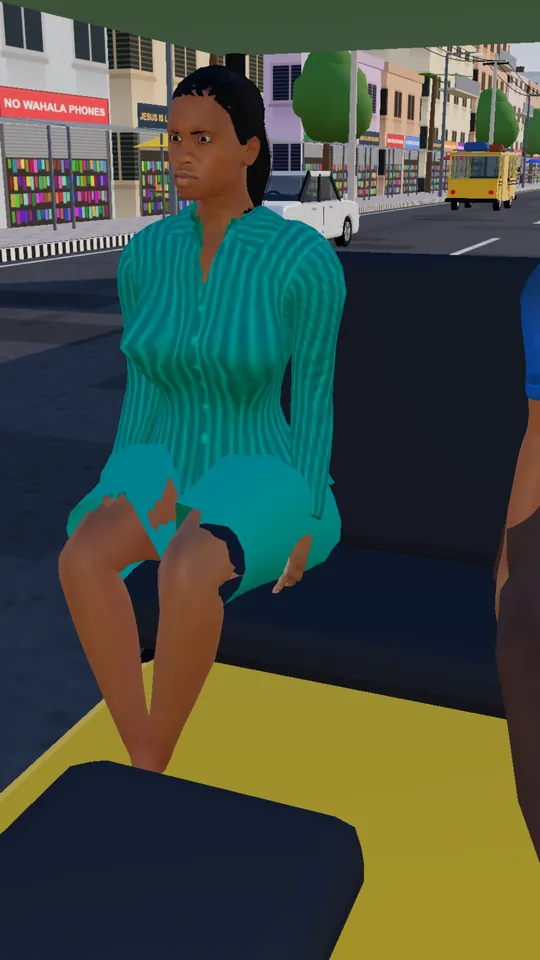 Three Sims on the back bench of a yellow keke