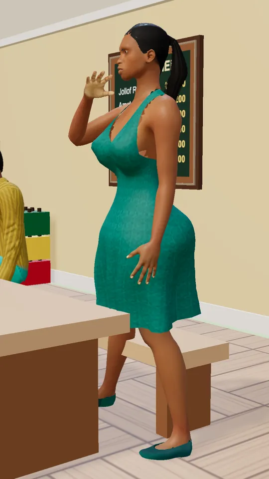 A Sim with a cold drink inside a busy Lagos buka at lunchtime