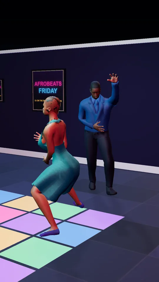 Two Sims dancing on a lit nightclub dance floor under an Afrobeats Friday sign