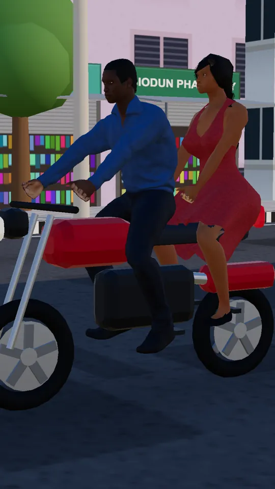 A Sim riding pillion on an okada through a Lagos street lined with shops