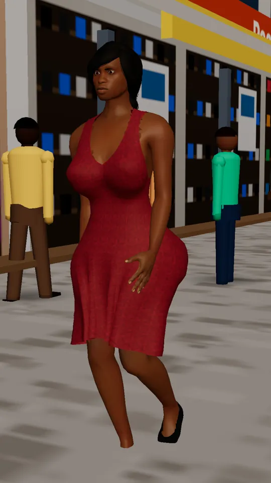 A Sim with a short black bob in a red dress walking down a Lagos street